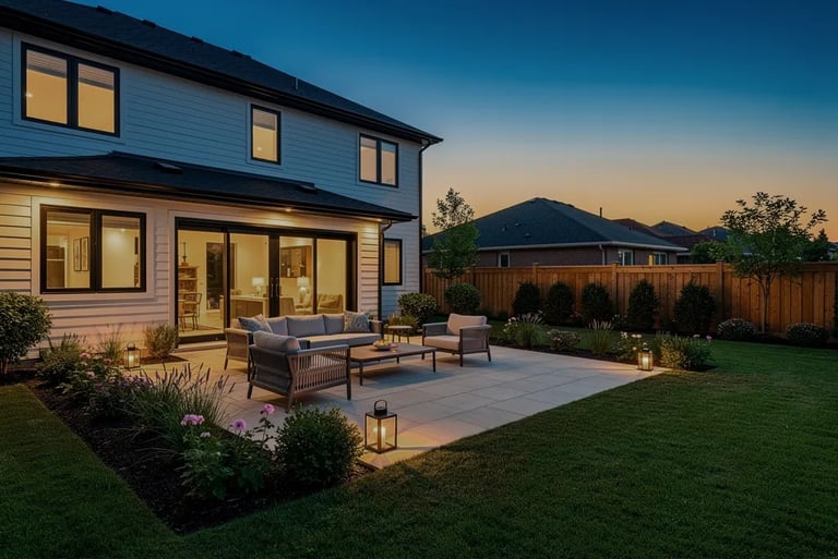 backyard sitting area at twilight for a real estate listing