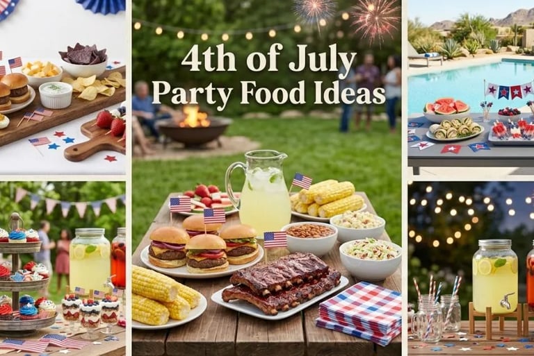 4th of July party food spread with burgers, hot dogs,
