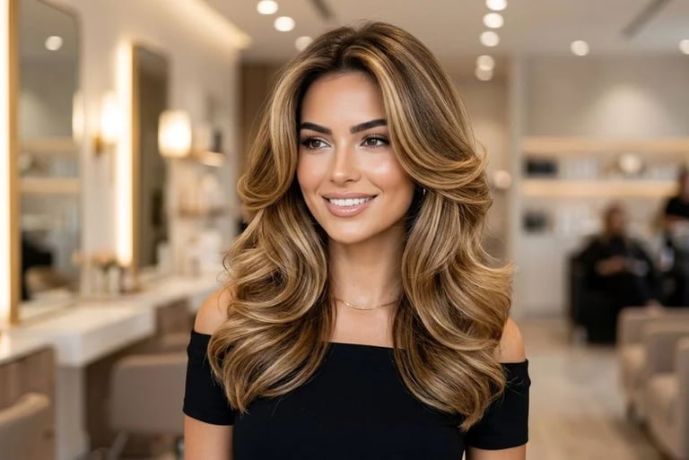A woman with voluminous professional blowout hairstyle in a luxury salon, showcasing shiny, bouncy, 
