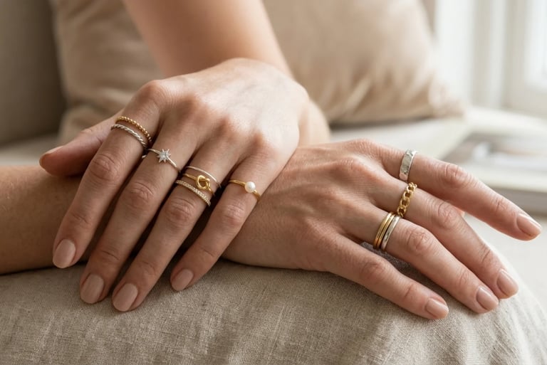 Trendy gold and silver knuckle rings styled on feminine hands with modern fashion jewelry look