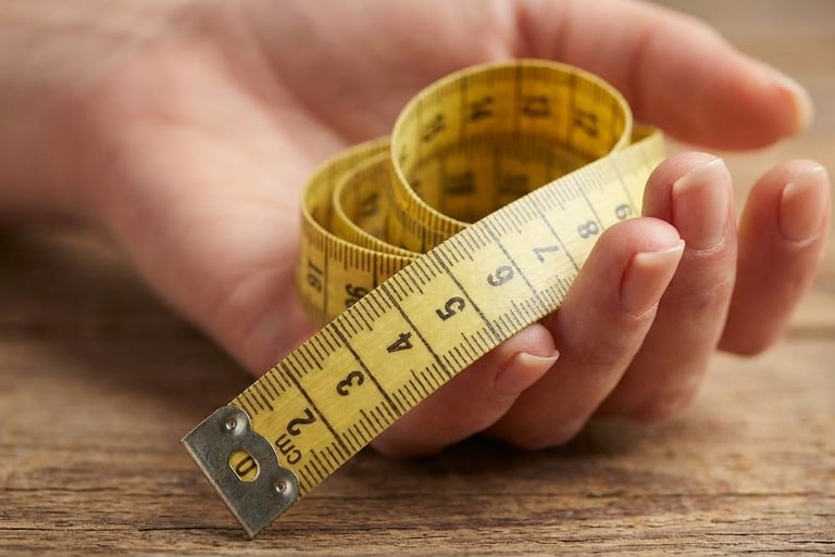 Main de femme tenant un mètre ruban pour mesurer la taille d’une bague