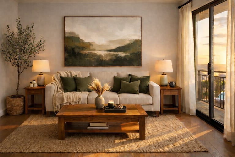 Moody short-term rental living room with deep olive accents, warm lamp lighting, and natural texture