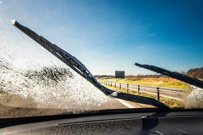 Car windshield wipers cleaning a dirty front window during a sunny drive on a highway.