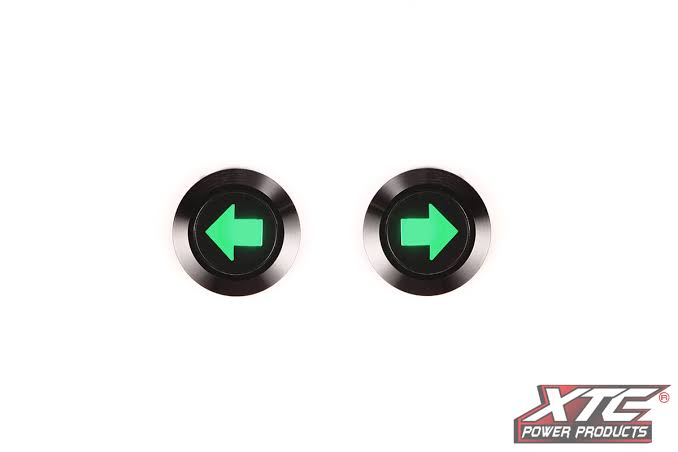 Pair of XTC Power Products green LED turn signal indicator lights for UTV and ATV dash mounts.