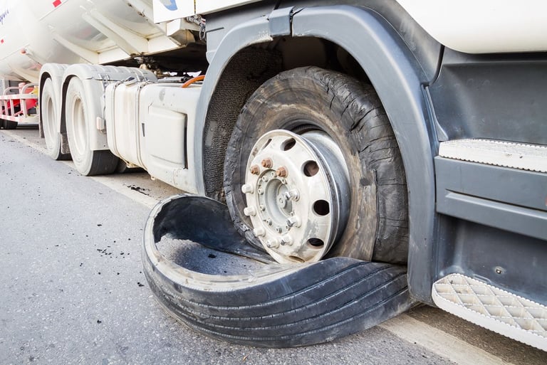 A heavy-duty truck with a blown out shredded tire on the side of a highway road.