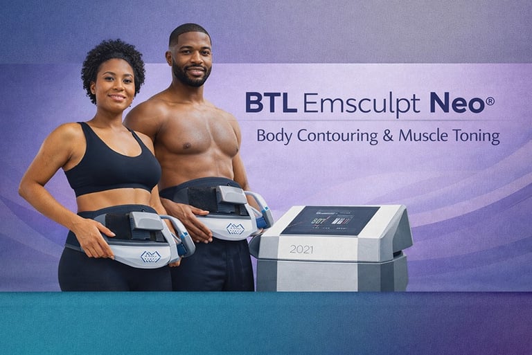 Man and woman using BTL Emsculpt Neo body contouring devices on abdomen w modern clinic equipment