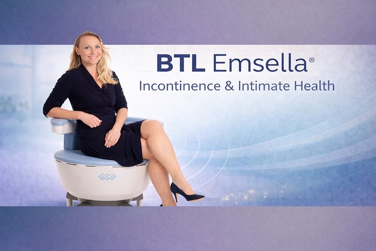 A woman sitting in a MTL Emsella chair with her legs cross and smiling