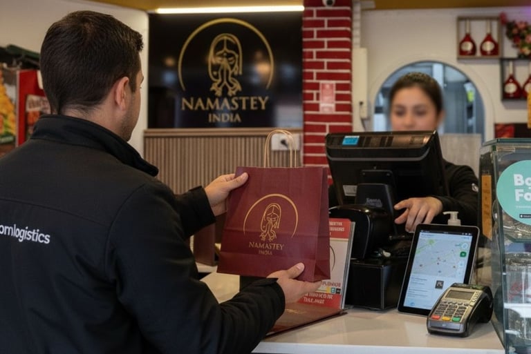 A delivery driver picking up a Namastey India takeout bag from a restaurant counter.