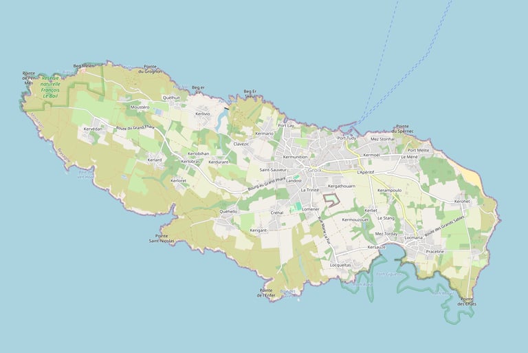 Vue aérienne cartographique de l'île de Groix évoquant une rencontre avec tous les habitants