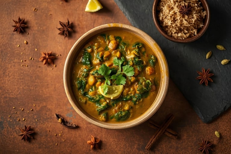 A bowl of healthy vegan chickpea and spinach curry served with brown rice and aromatic Indian spices.