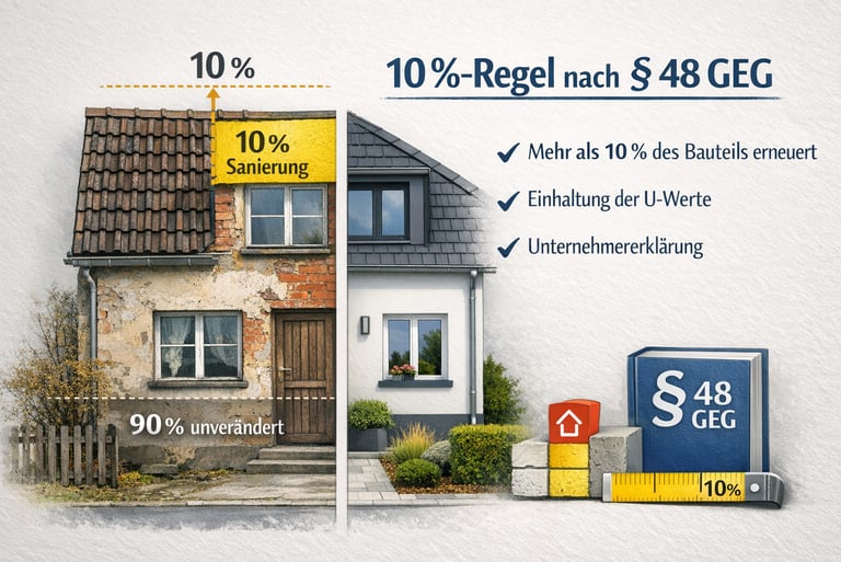 „Illustration zur 10‑Prozent‑Regel nach § 48 GEG mit markiertem Sanierungsbereich und Gesetzessymbol