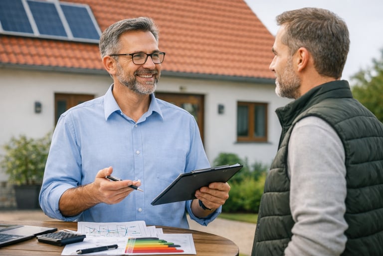 Energieberater im Gespräch mit Hauseigentümer vor modernem Wohnhaus mit Solaranlage in Aachen