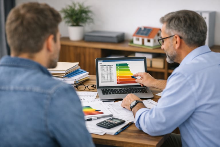 Energieberater erklärt am Schreibtisch mit Laptop und Unterlagen einem Kunden den Energieeffizienzbe