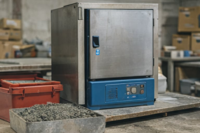 Estufa de secado para muestras de suelos y materiales de construcción de laboratorio técnico.