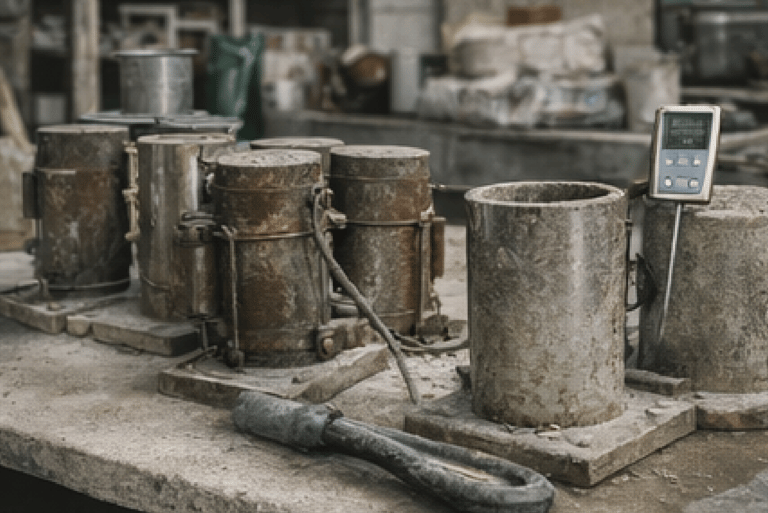 Moldes metálicos cilíndricos y accesorios para preparación de probetas de hormigón.