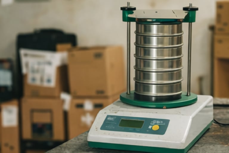 Tamices y accesorios para análisis granulométrico en laboratorio de suelos.