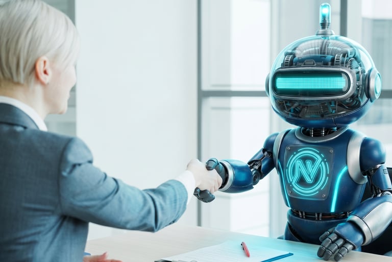 A futuristic robot shaking hands with a businesswoman in an office, symbolizing AI collaboration in business.