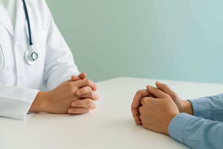 A doctor sitting with a patient, reviewing medical reports during a consultation.