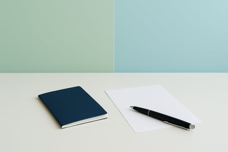 A passport, pen, and documents arranged on a desk for medical visa processing.