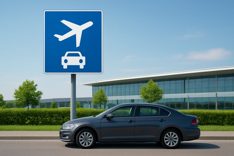 A car parked near an airport sign, representing patient pickup and drop-off service.