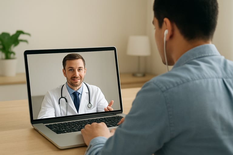 A patient on a video call with a doctor through a laptop for telemedicine support.