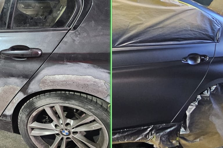 Antes y después de pintura automotriz en parachoques, reparación estética realizada por AutoClinic