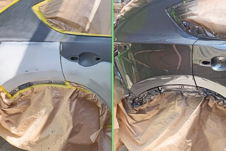 Antes y después de desabolladura y pintura automotriz en panel lateral de vehículo, reparación estét
