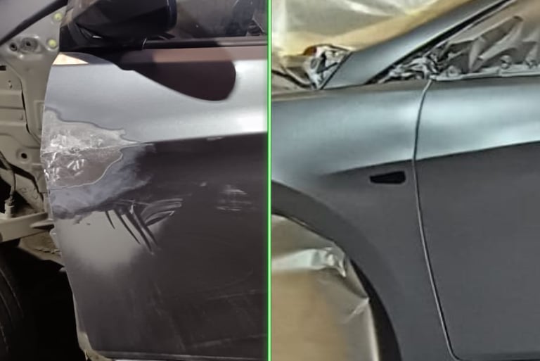 Antes y después de desabolladura y pintura automotriz en panel lateral de vehículo, reparación estét