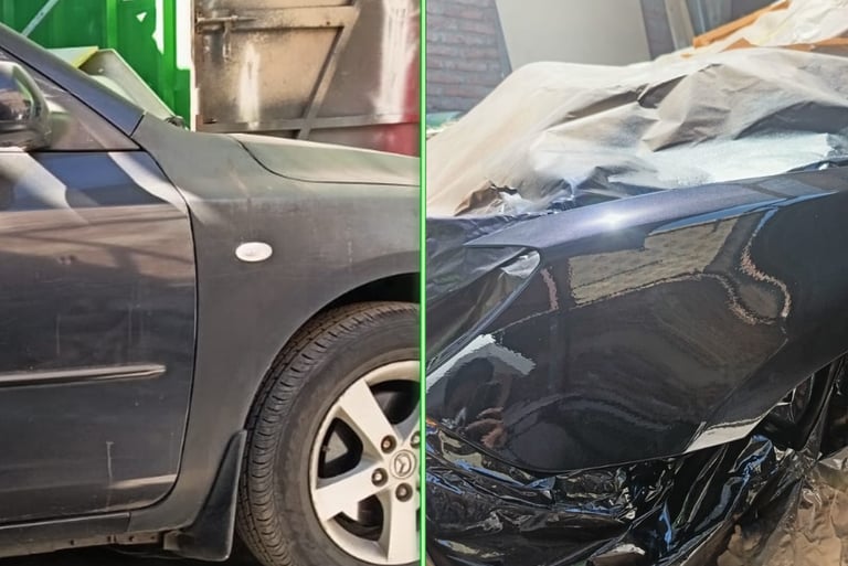 Antes y después de desabolladura y pintura automotriz en panel lateral de vehículo, reparación estét