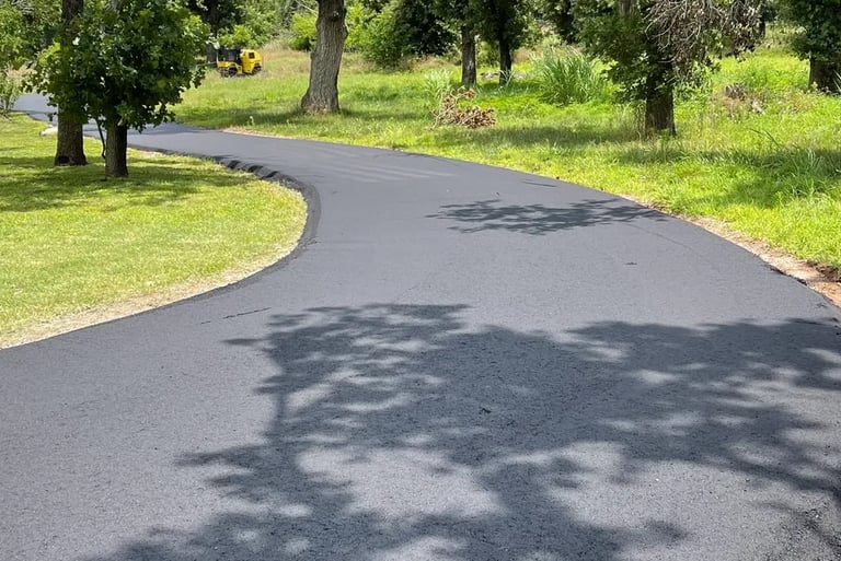 Freshly paved black asphalt driveway winding through a green lawn with residential landscaping and trees.