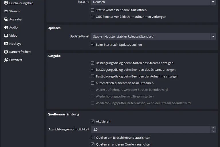 Screenshot of OBS Studio general settings menu in German showing update and output options.