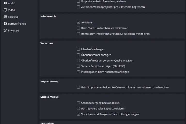 OBS Studio general settings menu in German showing projector, preview, and multiview configuration options.
