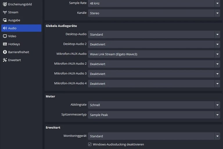 OBS Studio audio settings menu showing sample rate, desktop audio, and microphone configurations.