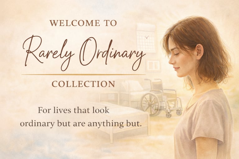 Side profile of young woman with wheelchair, bed and calendar faded in the back. Text: Welcome to Rarely Ordinary Collection