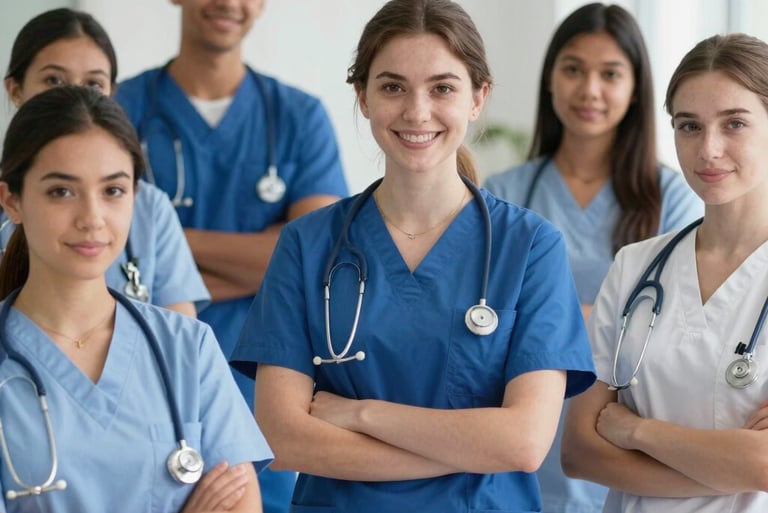 Diverse nursing students studying together in a bright, modern classroom.