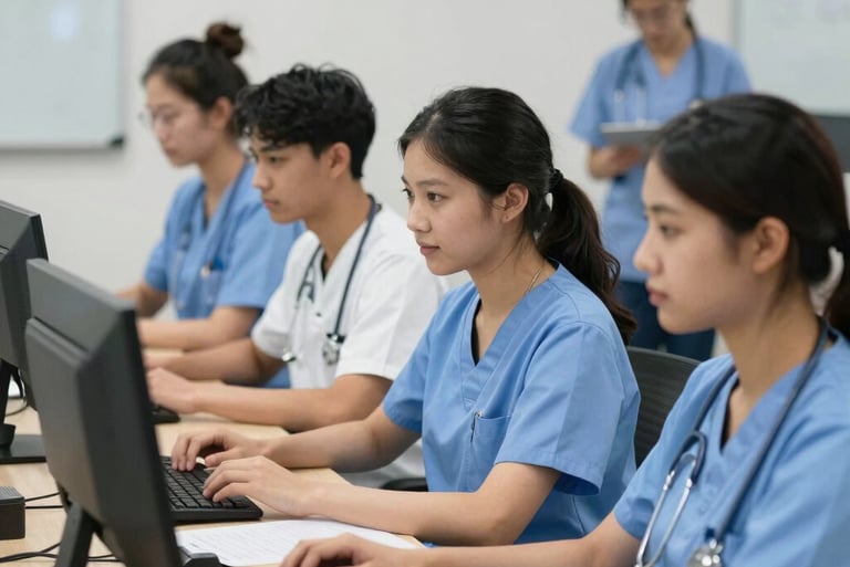 Focused nursing student confidently using a laptop for NCLEX prep at a cozy study space.