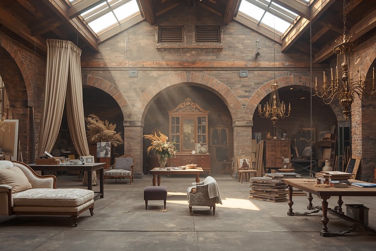 Vintage industrial loft studio with antique furniture, vaulted brick arches, and natural skylight.