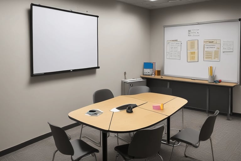 a conference room with a white boardroom table and chairs