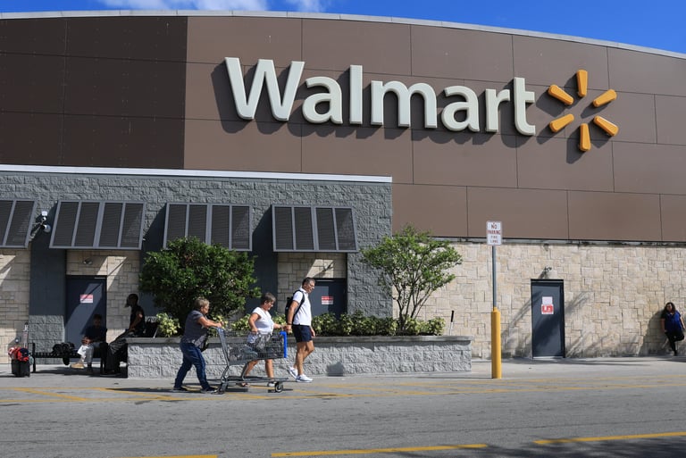 a group of people walking past a walmart store