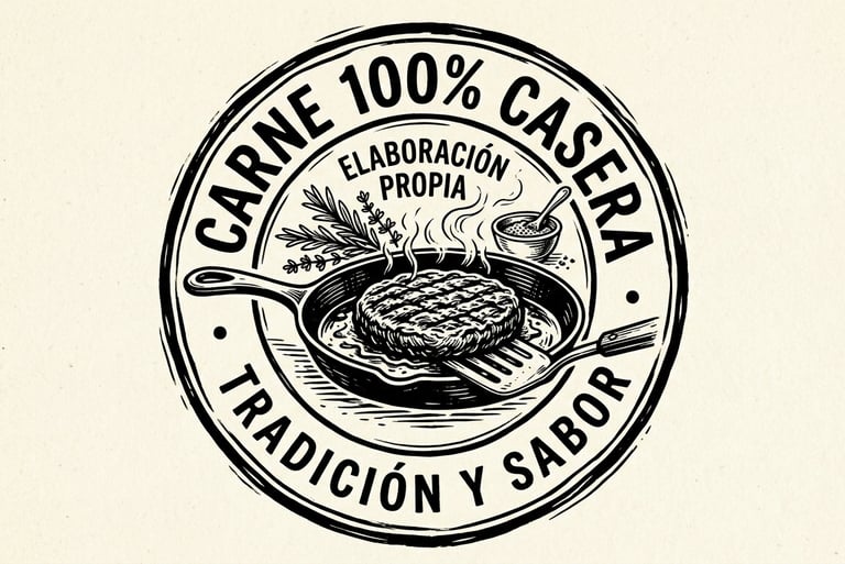 Logotipo de hamburguesa de estilo vintage con una hamburguesa chisporroteando en una sartén.