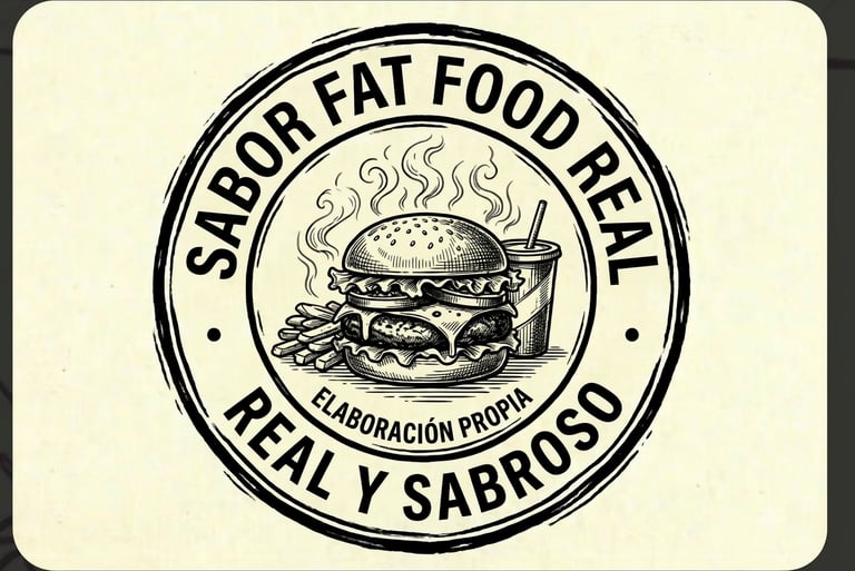 Logotipo de sello vintage con una hamburguesa, papas fritas y refresco dibujados a mano.