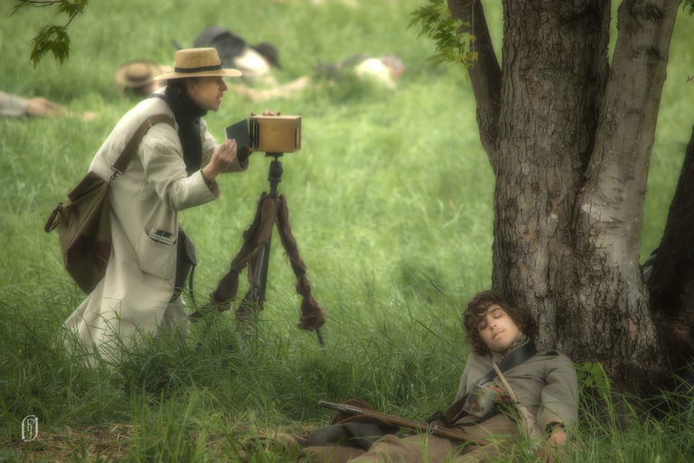 Photo of reenactor as a civil war photographer
