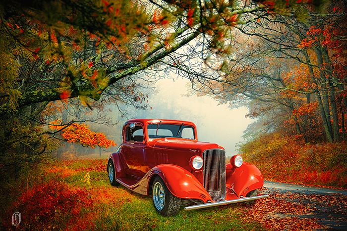 Photo art image of old car parked by the side of the road in fall