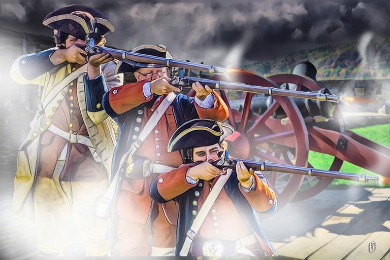 Digital painting of three revolutionary era soldiers firing their muskets