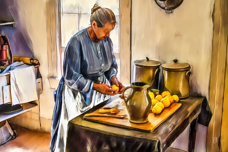 Digital painting of woman preparing food in an old style kitchen