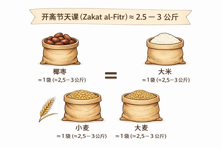 开斋节天课的食物数量示意图：每人约 2.5 至 3 公斤食物，例如小麦、大米、椰枣或大麦。