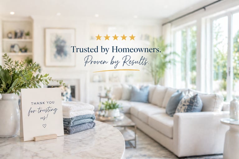Professional home staging in a bright living room with a five-star review and thank you note for homeowners.
