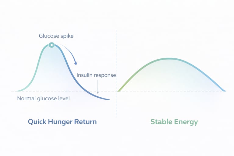 Blood sugar spike versus stable glucose curve after eating carbs.