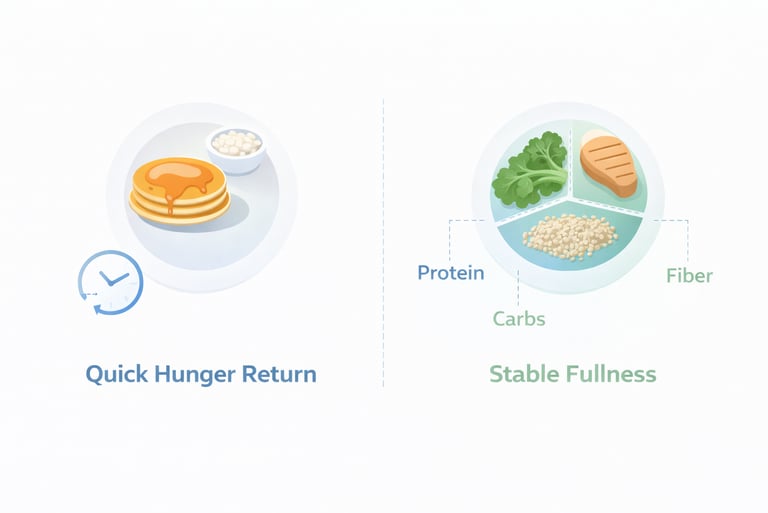 Comparison of high-carb meal causing quick hunger and balanced meal promoting stable fullness.