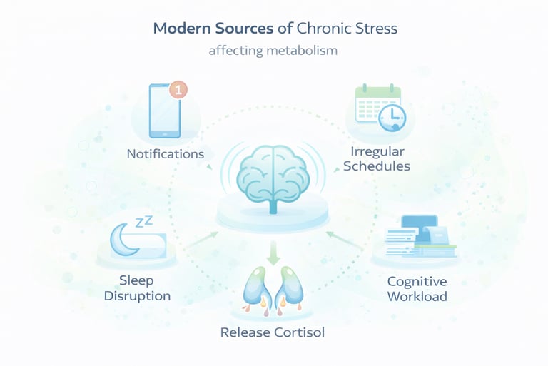 Infographic showing modern sources of chronic stress affecting metabolic health.